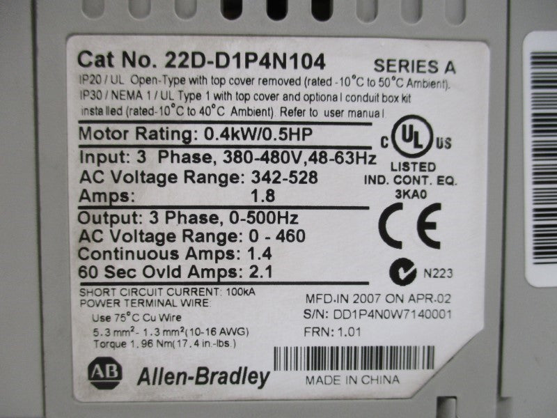 ALLEN BRADLEY 22D-D1P4N104 SER. A F/W 1.01 UNMP