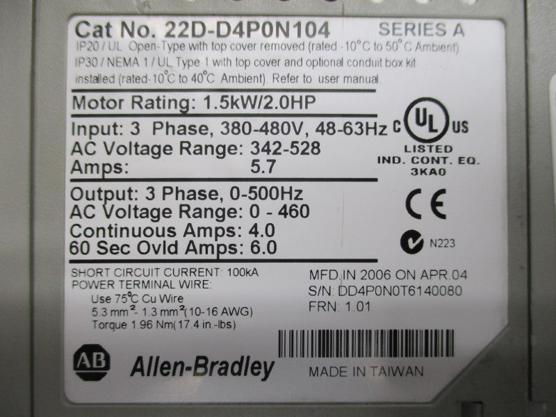 ALLEN BRADLEY 22D-D4P0N104 SER. A F/W 1.01 UNMP