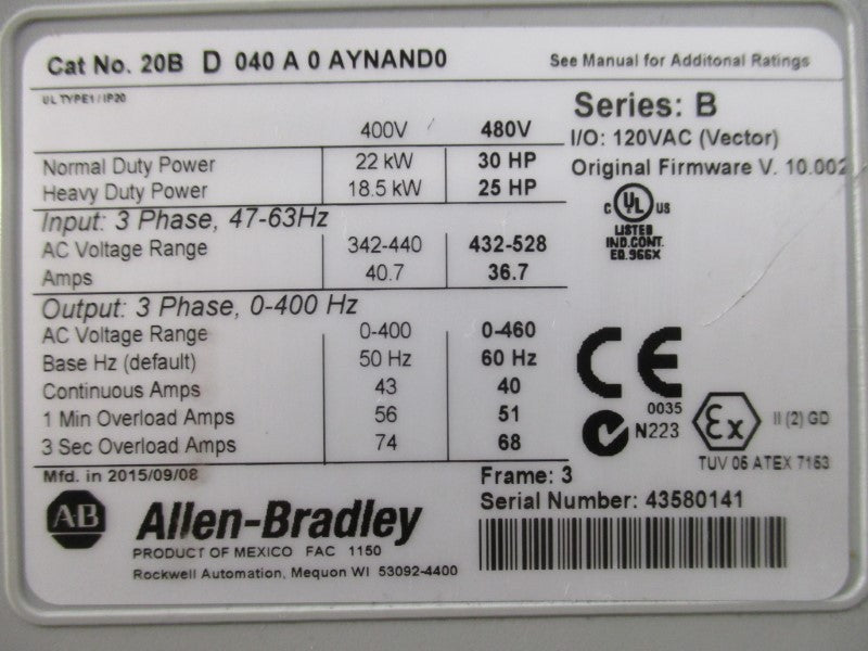 ALLEN BRADLEY 20BD040A0AYNAND0 SER. B F/W 10.002 UNMP