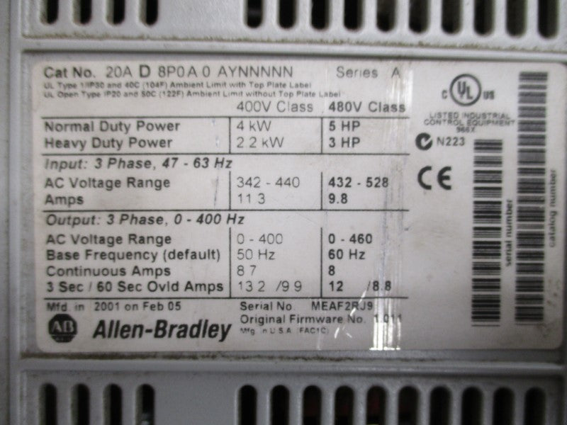 ALLEN BRADLEY 20AD8P0A0AYNNNNN SER. A F/W 1.011 UNMP