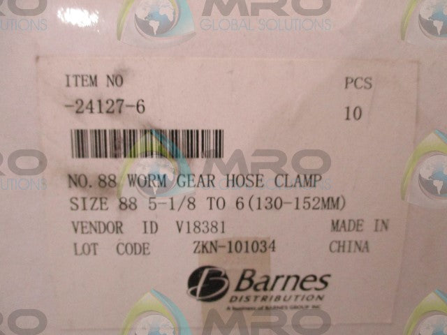 LOT OF 10 BARNES 24127-6 WORM GEAR HOSE CLAMP SIZE 88 130-152MM *NEW IN BOX*