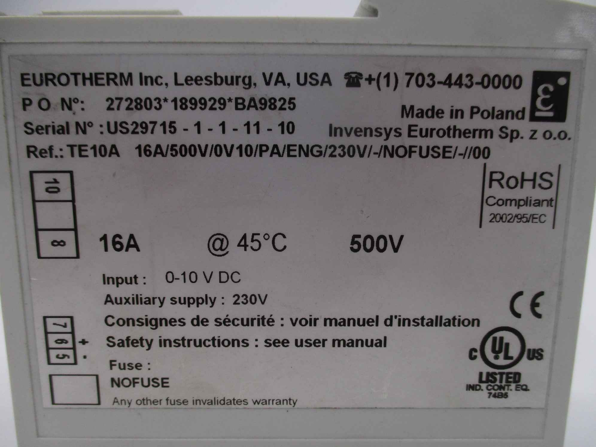 EUROTHERM TE10A/16A/500V/0V10/PA/ENG/230V/-/NONFUSE/-//00 NSNP
