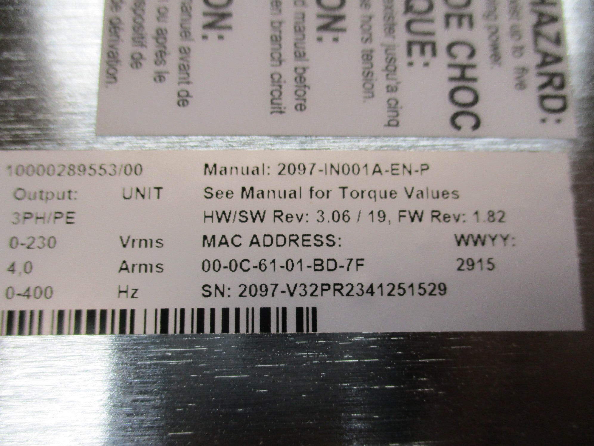 ALLEN BRADLEY 2097-V32PR2 SER. A F/W 1.82 NSMP