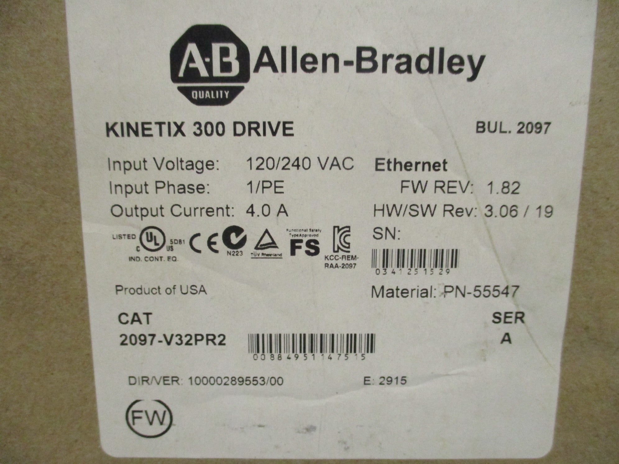 ALLEN BRADLEY 2097-V32PR2 SER. A F/W 1.82 NSMP