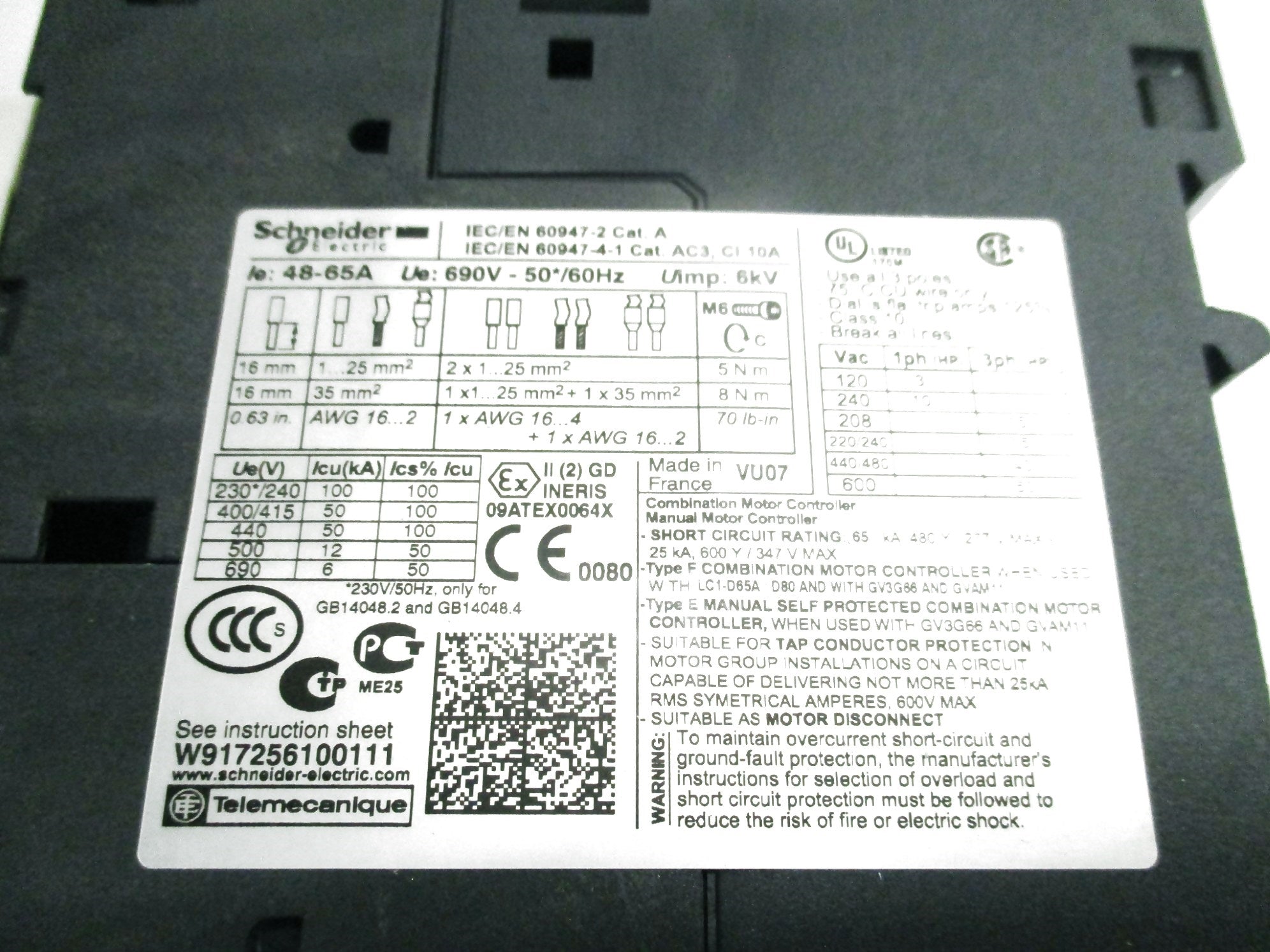 SCHNEIDER ELECTRIC GV3P65 48-65A 600V NSMP