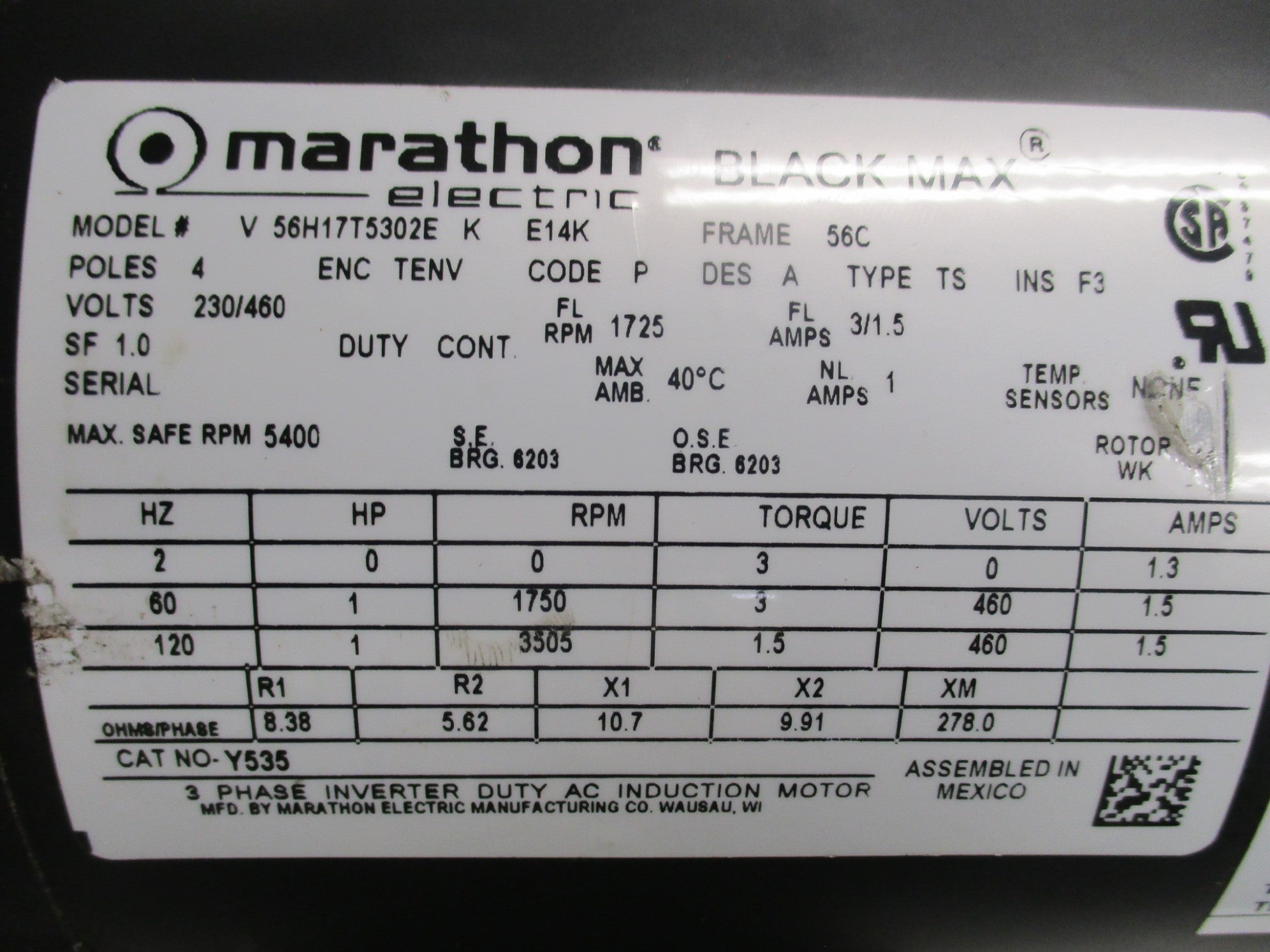 MARATHON ELECTRIC V56H17T5302EKE14K Y535 UNMP
