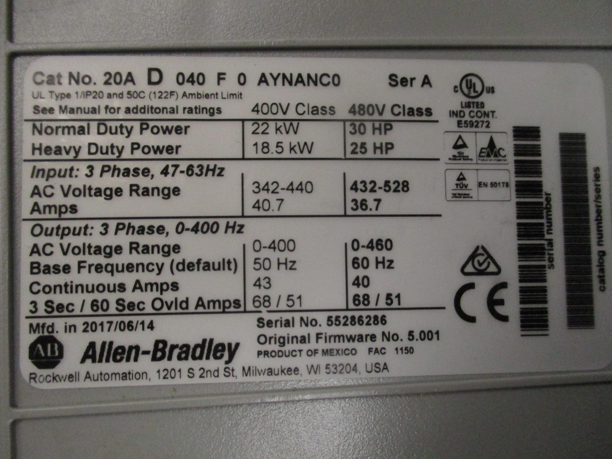 ALLEN BRADLEY 20AD040F0AYNANC0 SER. A F/W 5.001 NSMP