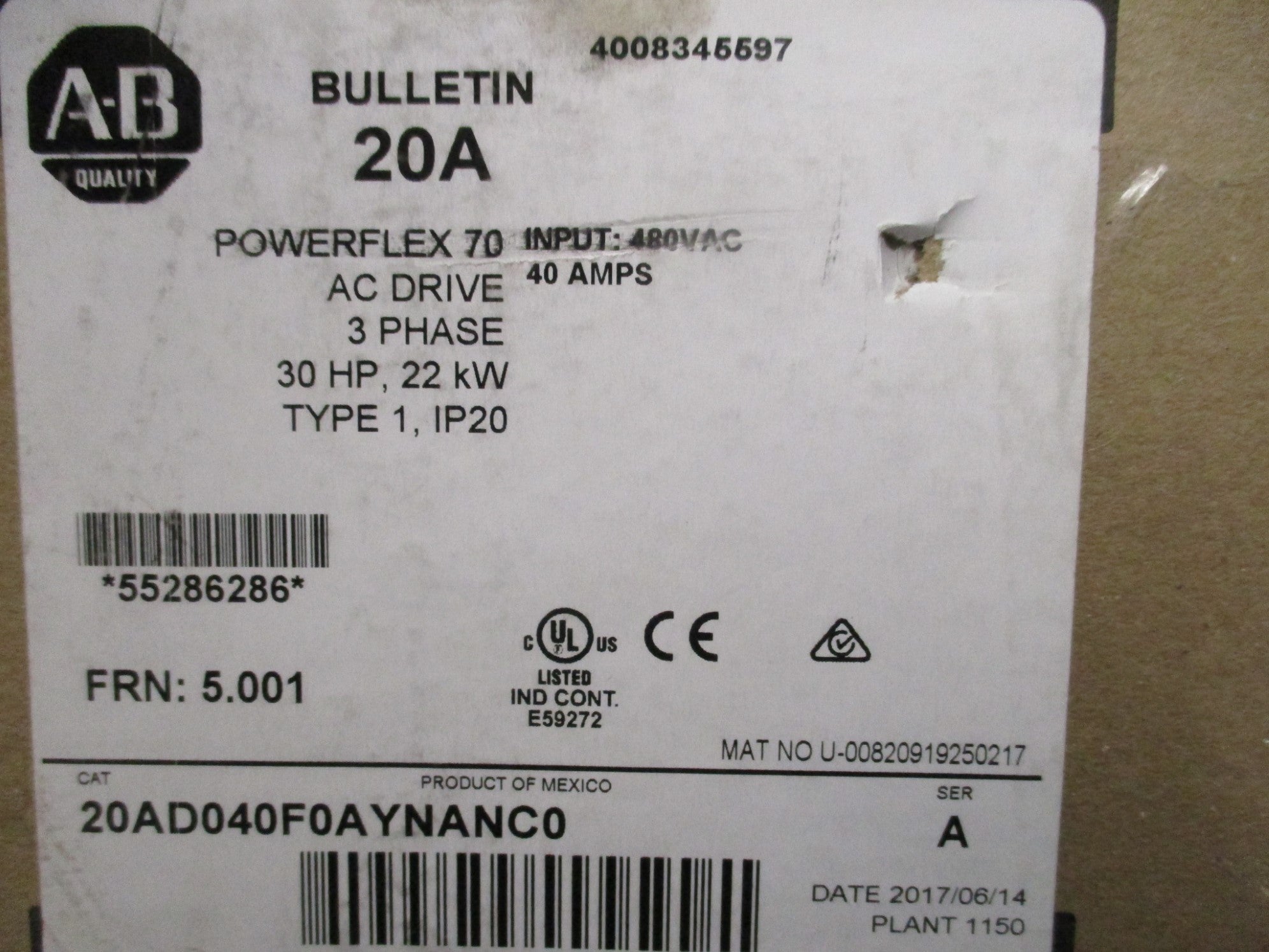 ALLEN BRADLEY 20AD040F0AYNANC0 SER. A F/W 5.001 NSMP