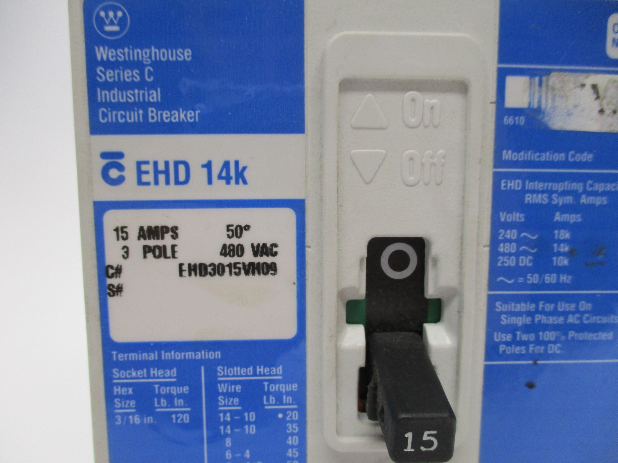 WESTINGHOUSE EHD3015VH09 SER. C 15A 480V (BLUE) UNMP