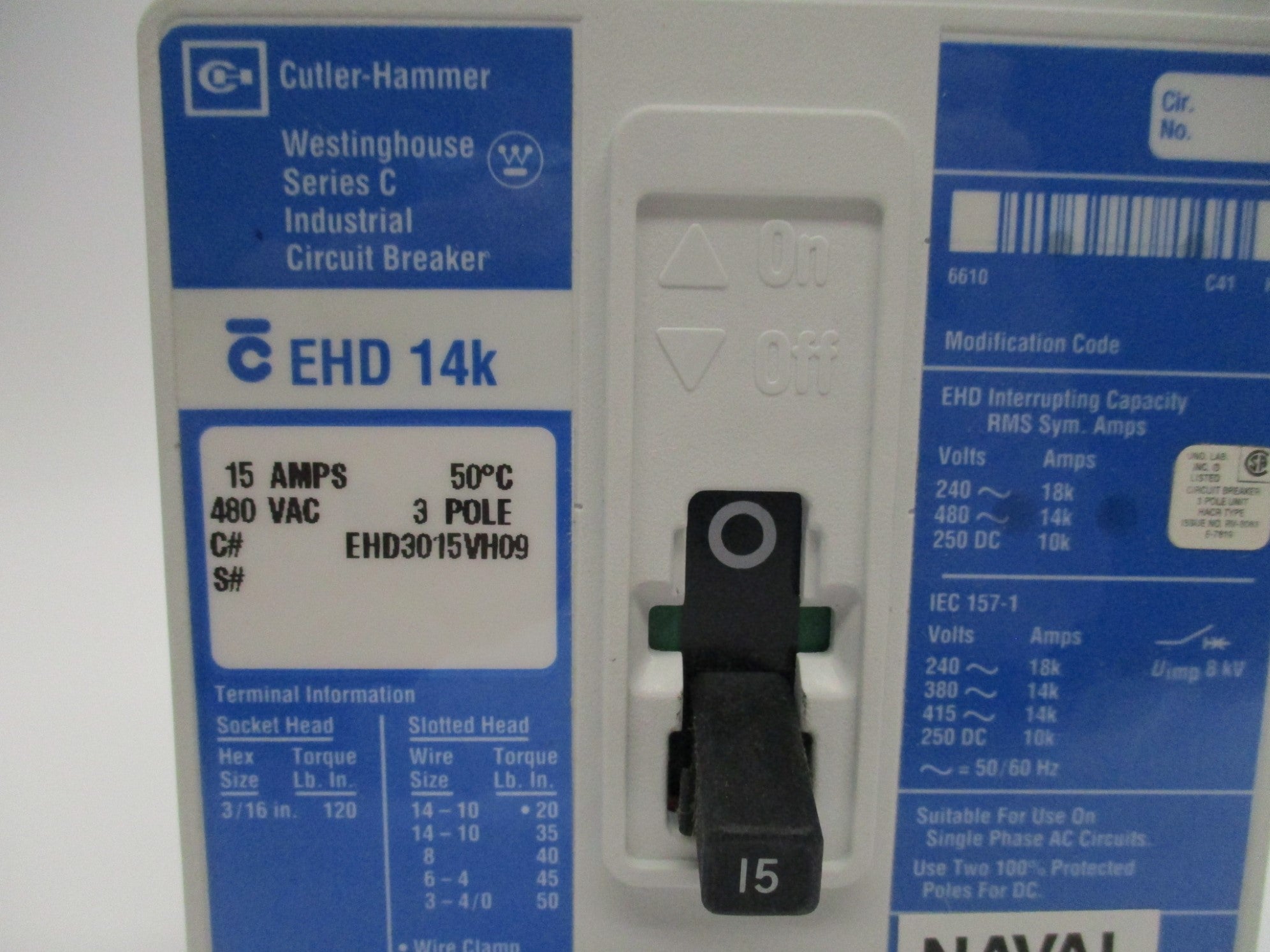 CUTLER HAMMER EHD3015VH09 SER. C 15A 480V NSMP