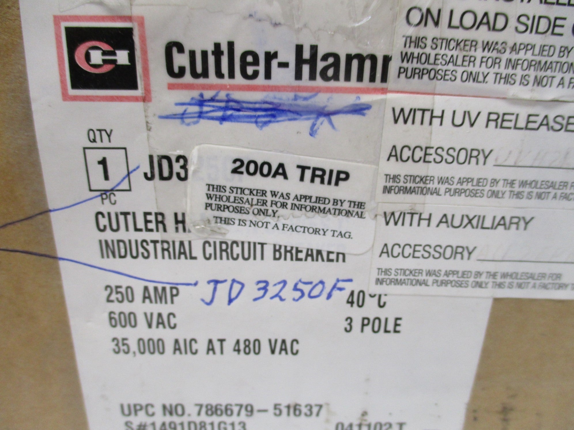 CUTLER HAMMER JD3250F 250A 600V (WHITE) NSMP