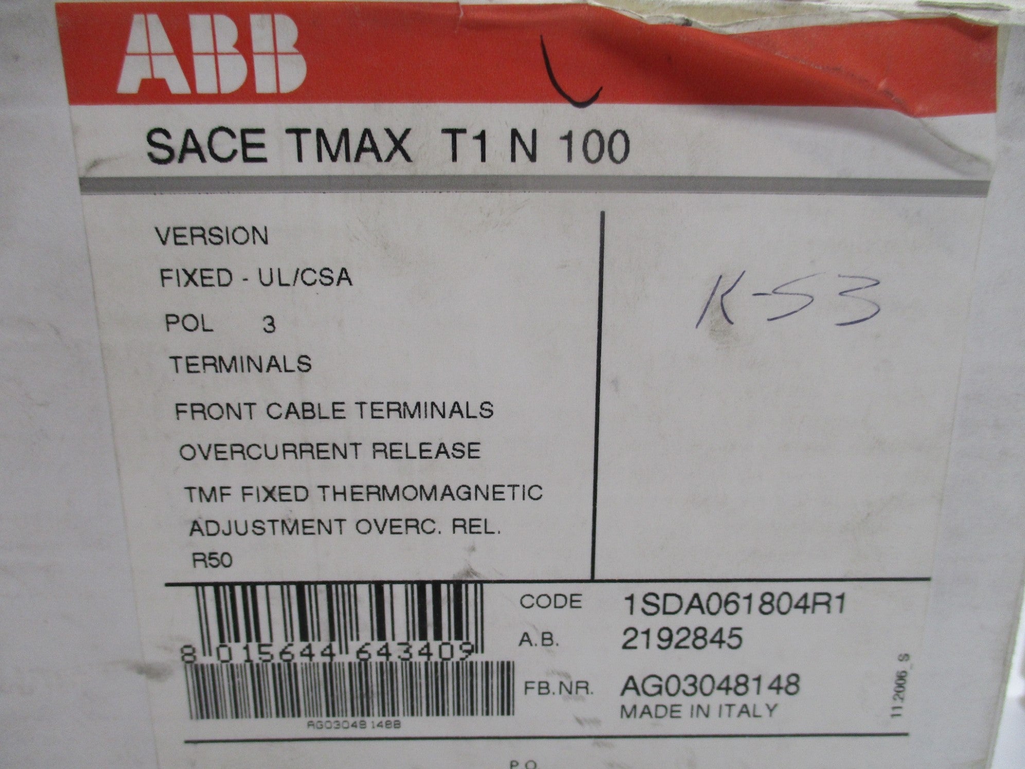 ABB SACE-TMAX-T1-N-100 480V NSMP