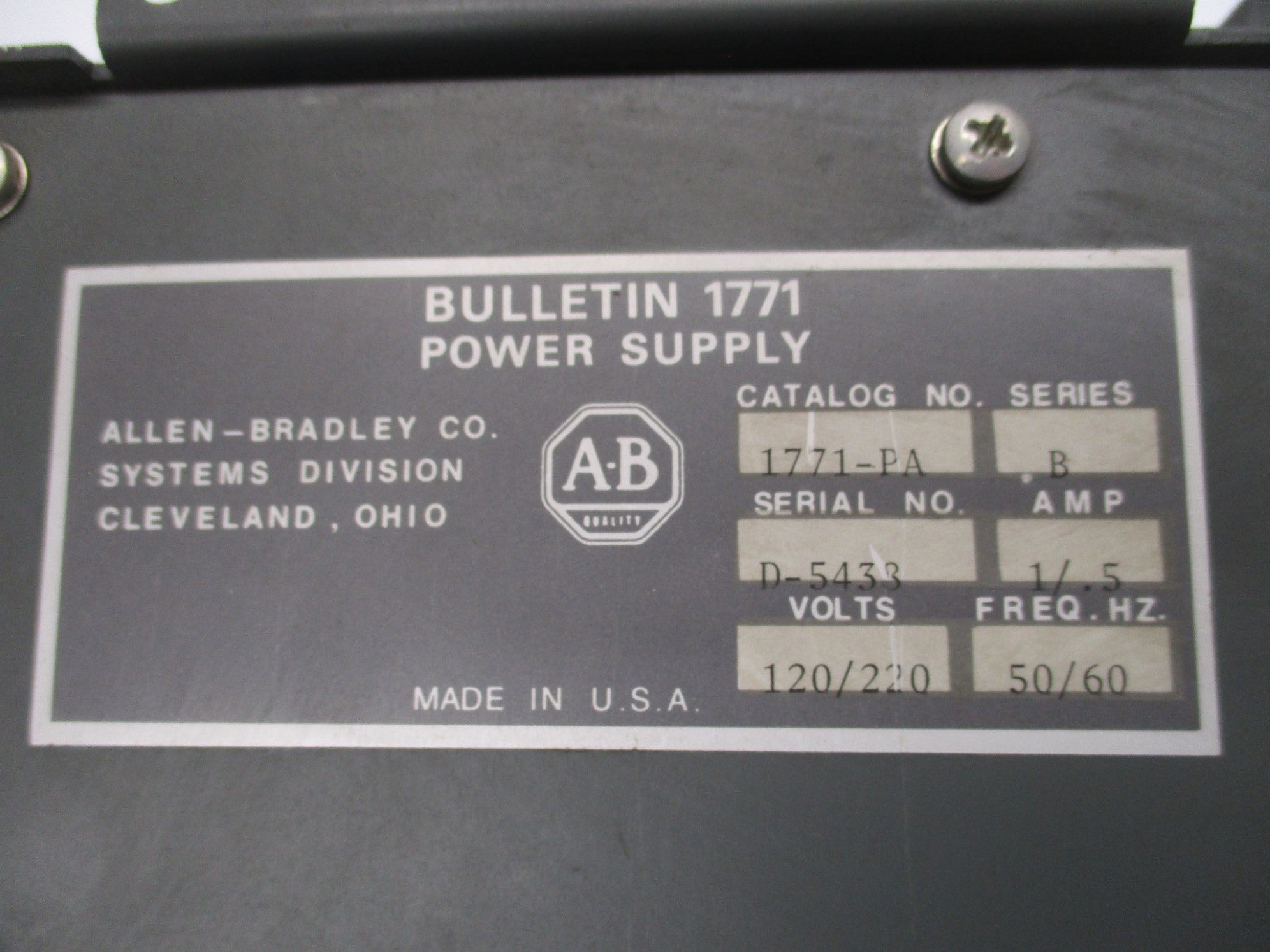 ALLEN BRADLEY 1771-PA SER. B 120/220V 1/.5A UNMP