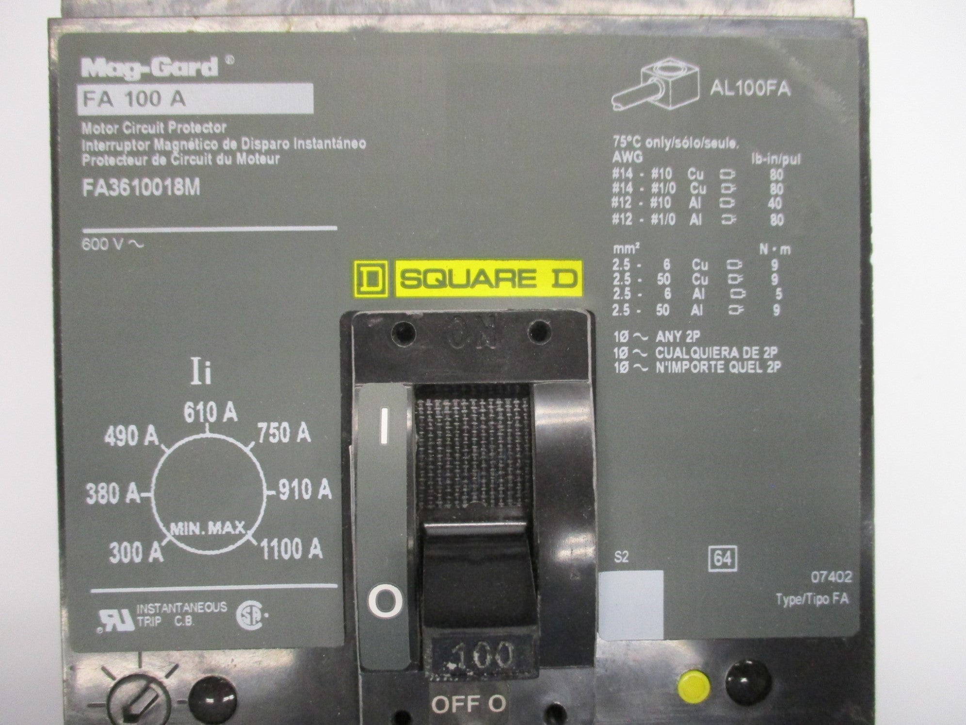 SQUARE D FA3610018M 100A 600V NSMP