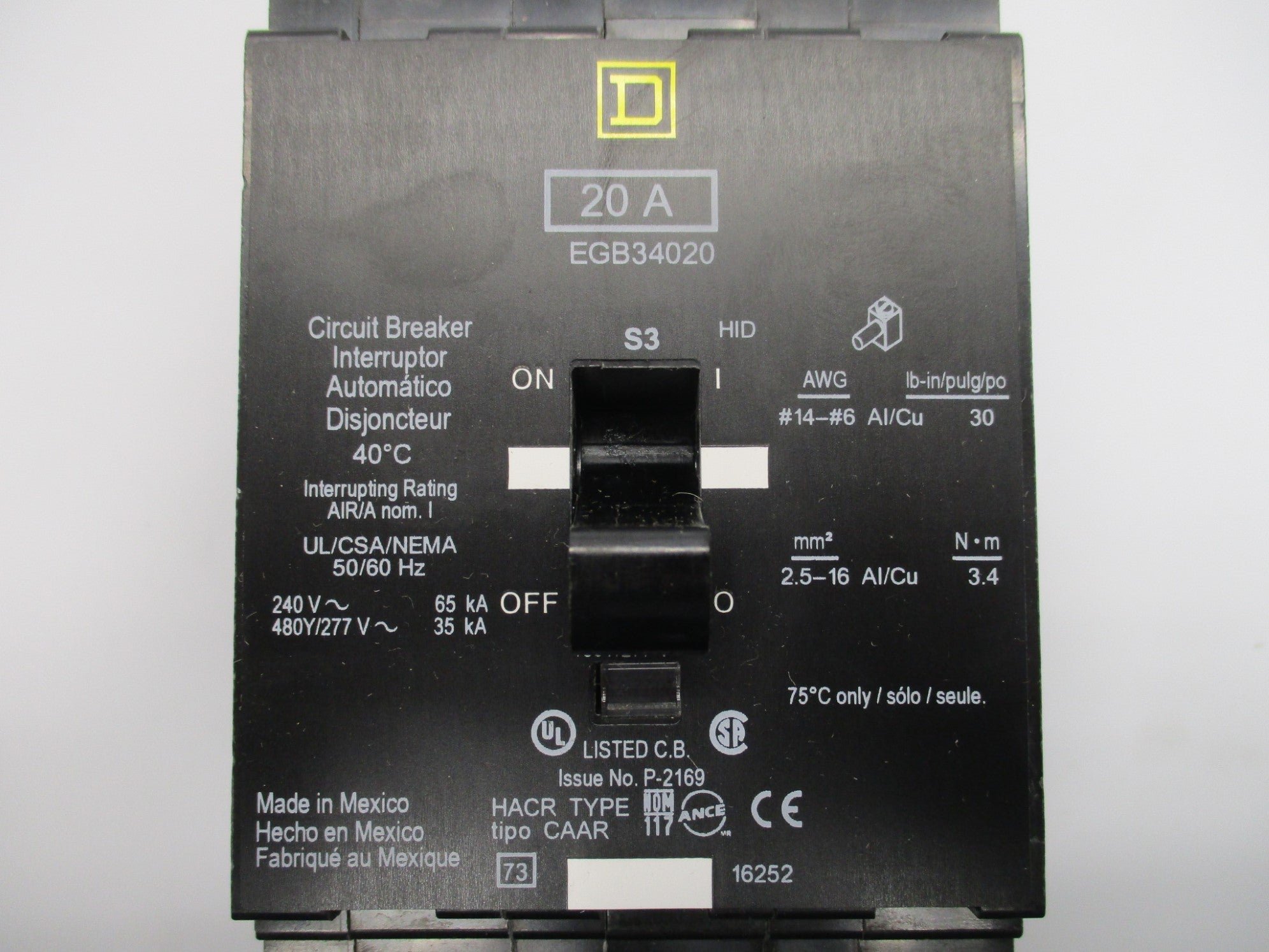 SQUARE D EGB34020 20A 277V NSMP