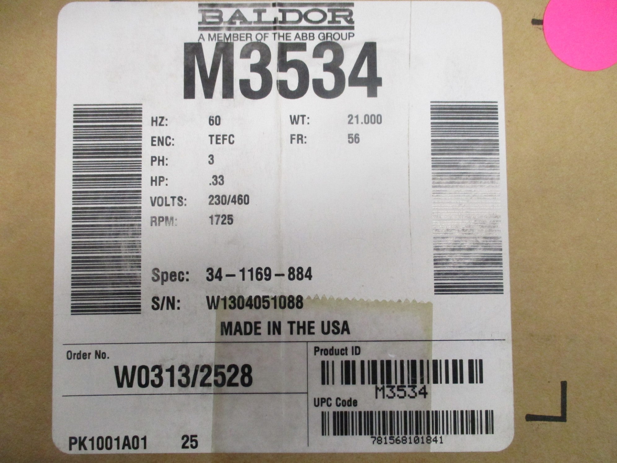 BALDOR M3534 SER. F 230/460V 1.6/.8A NSMP