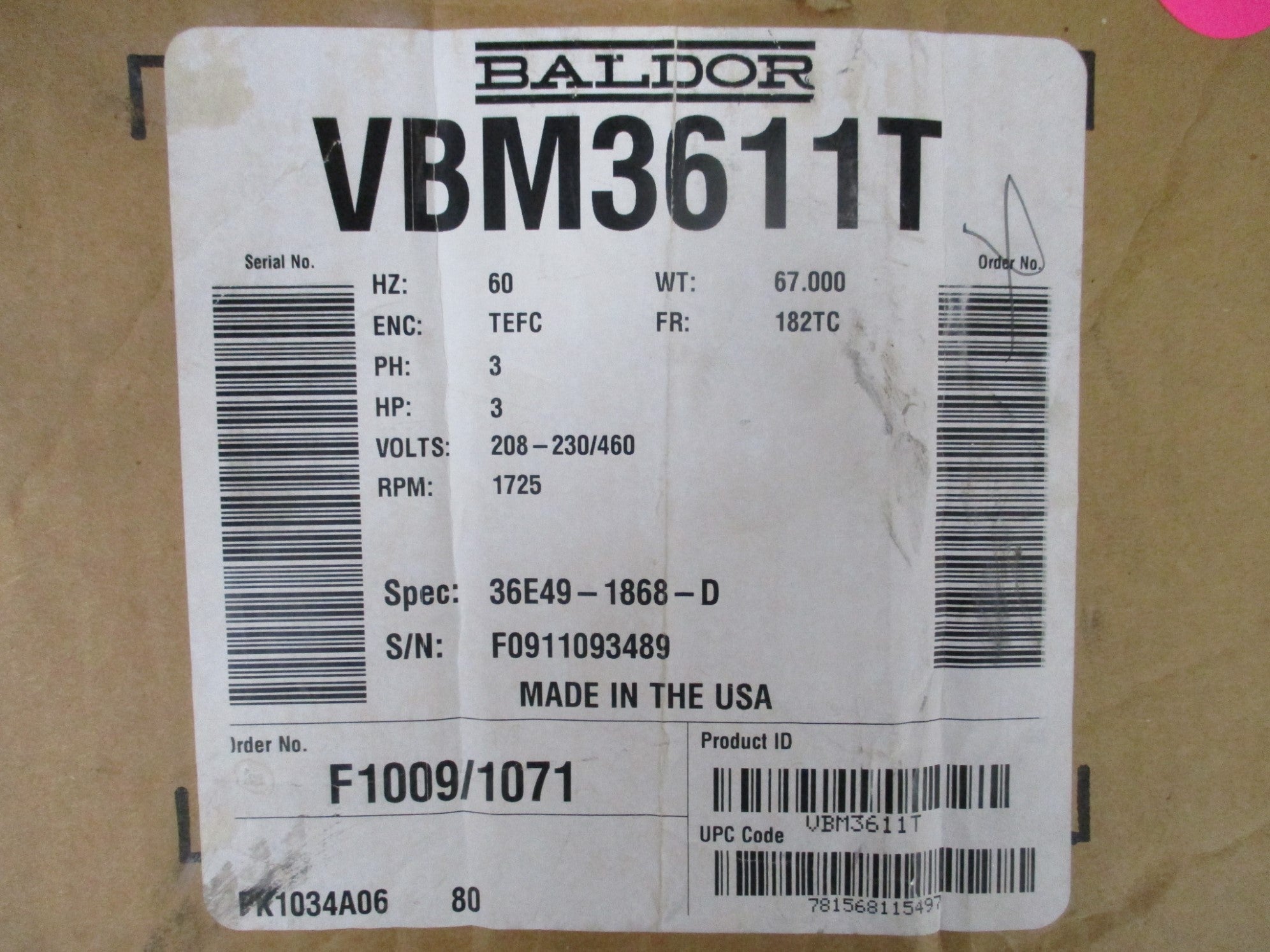 BALDOR VBM3611T SER. F NSMP