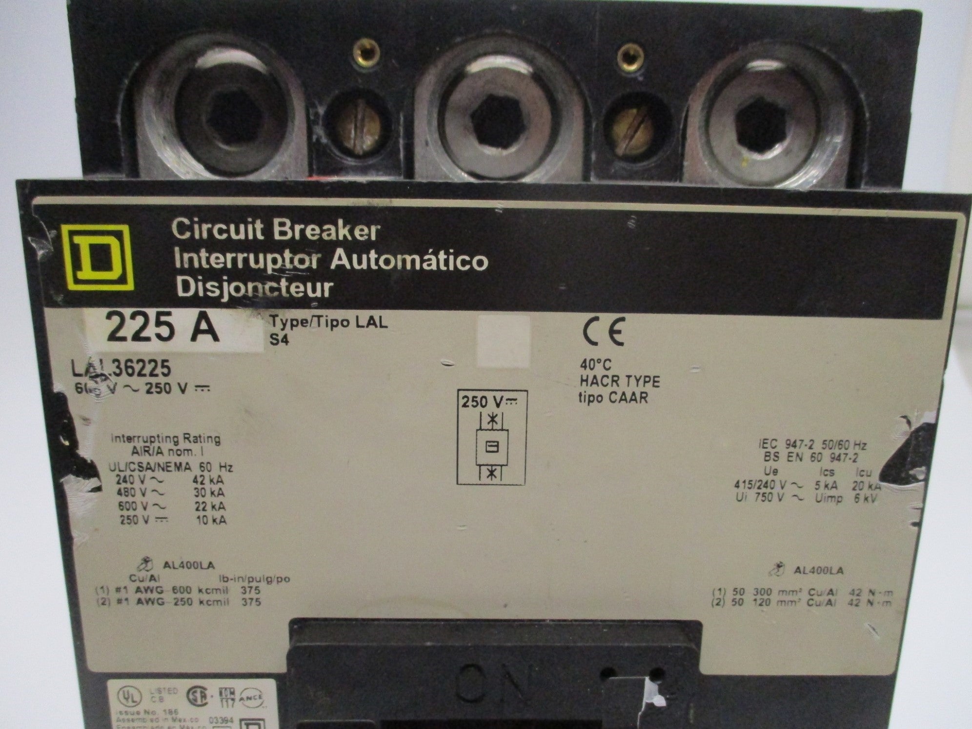 CIRCUIT BREAKER LAL36225 225A 600V (GREY) UNMP