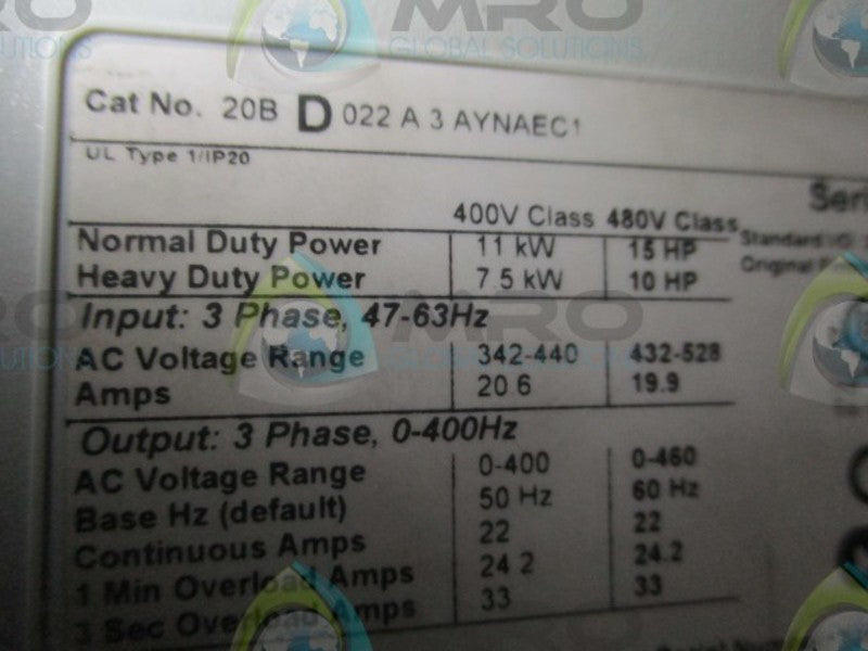 ALLEN BRADLEY POWERFLEX 700 20BD022A3AYNAEC1 SER. A DRIVE  UNMP