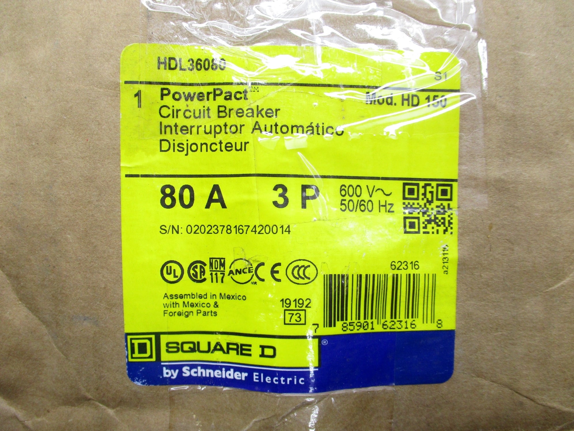 SQUARE D HDL36080 600V 80A NSMP