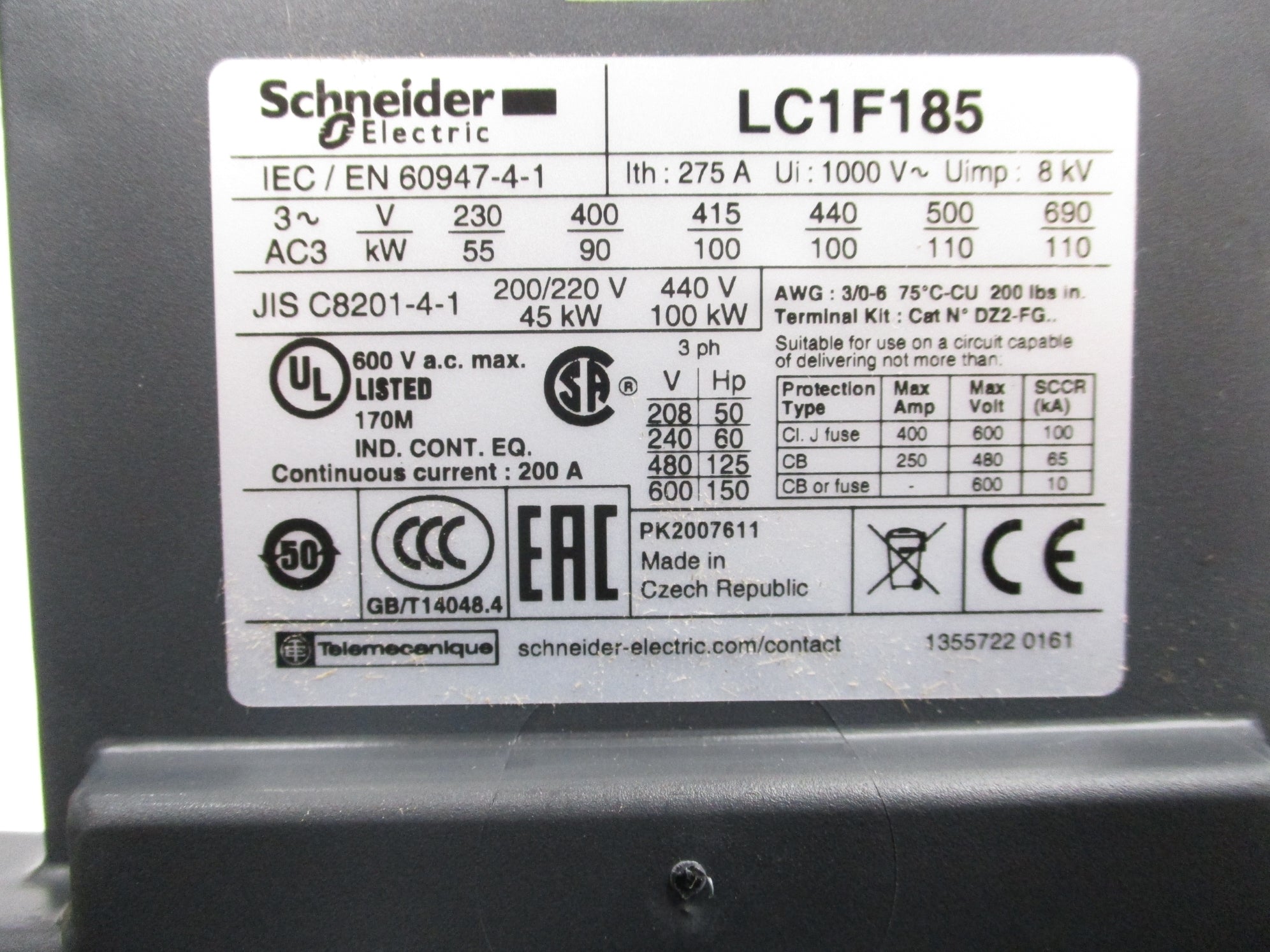 SCHNEIDER ELECTRIC LC1F185 600V UNMP
