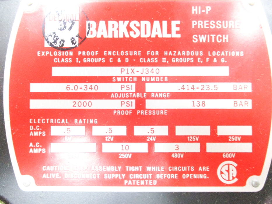 BARKSDALE P1X-J340 2000PSI NSMP