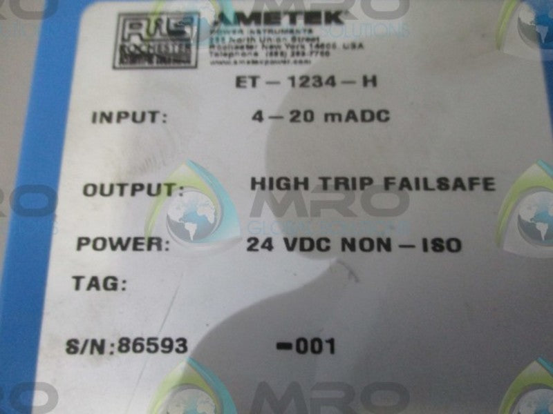 AMETEK ET-1234-H FAILSAFE SINGLE TRIP DC CURRENT VOLTAGE ALARM   NSNP