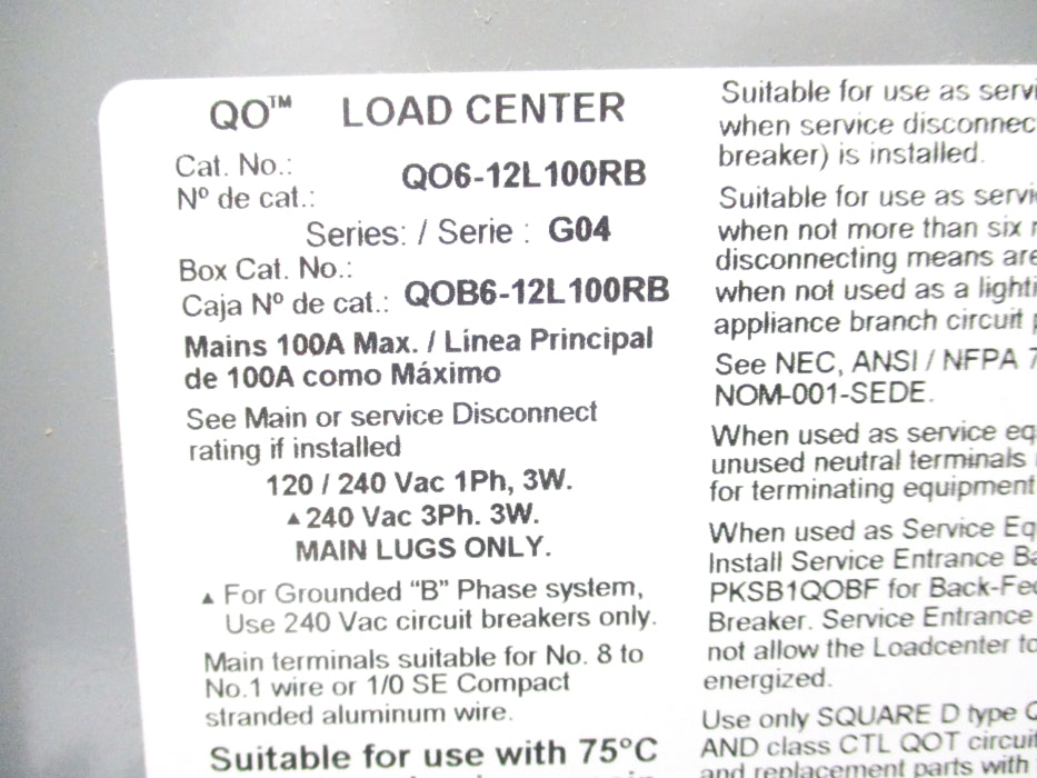 SQUARE D QO612L100RBCP SER. G04 NSMP