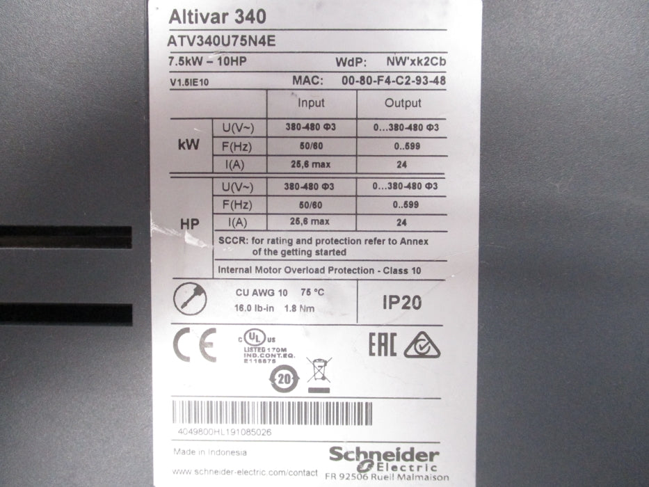 SCHNEIDER ELECTRIC ATV340U75N4E 380-480V 25.6A NSNP
