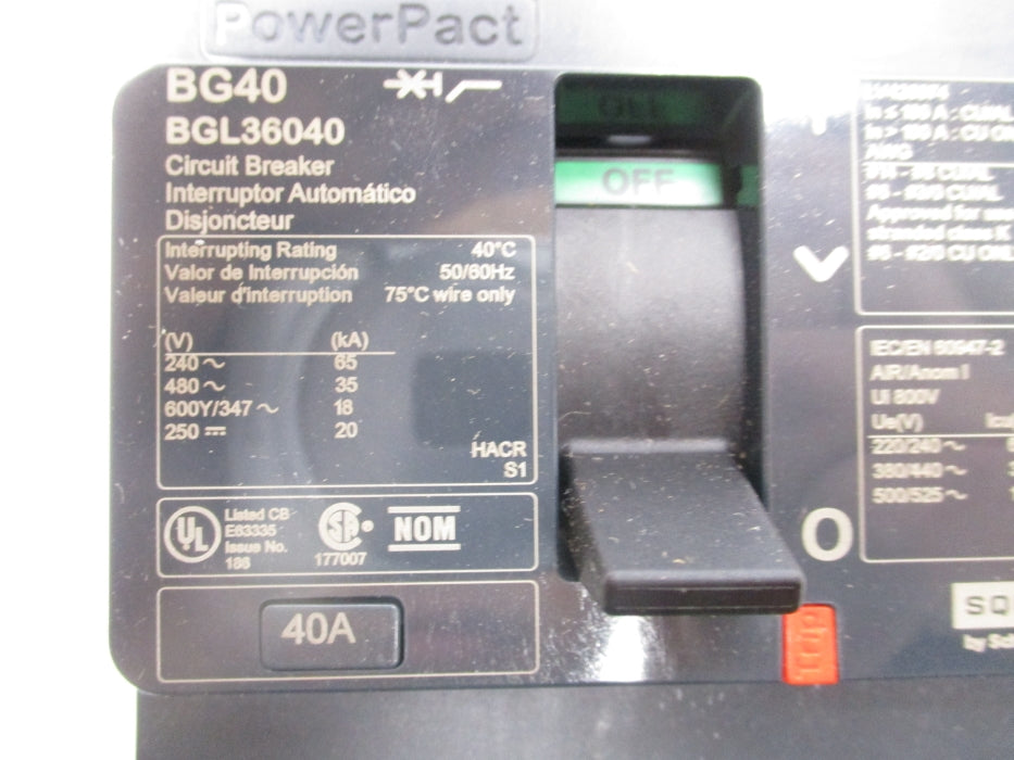 SQUARE D BGL36040 480V 40A NSMP