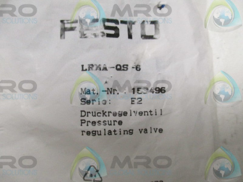 FESTO LRMA-QS-6 PRESSURE REGULATOR 6MM * NEW IN FACTORY BAG *