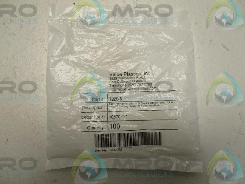 VALVE PLASTICS T220-6 TEE CONNECTOR 2.4MM (PKG OF 100)  NSMP