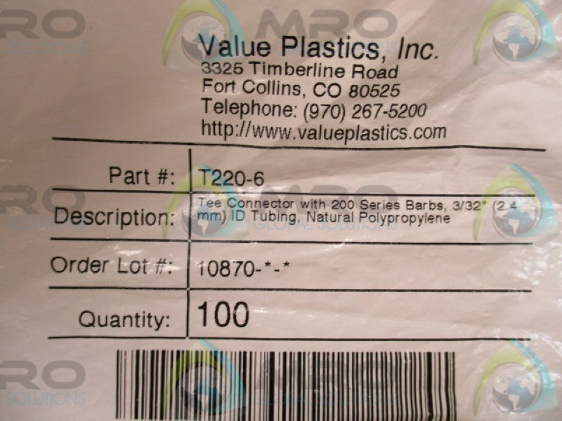 VALVE PLASTICS T220-6 TEE CONNECTOR 2.4MM (PKG OF 100)  NSMP