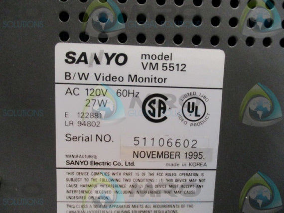 SANYO VM5512 BLACK/WHITE VIDEO MONITOR 120VAC * USED *