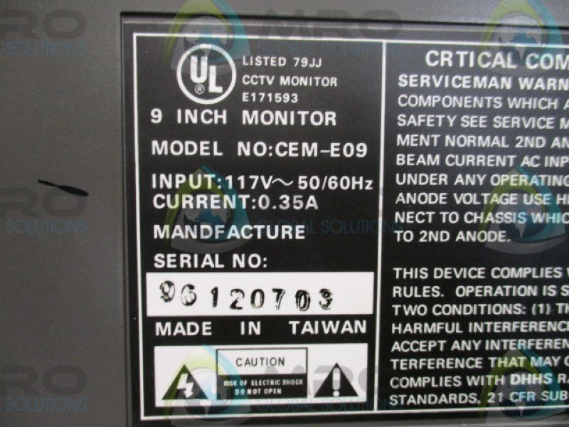 SONY CEM-E09 MONITOR 9" 117V  UNMP