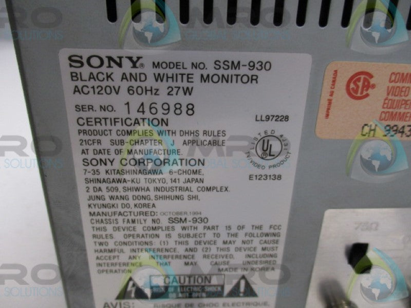 SONY SSM-930 BLACK/WHITE MONITOR 120VAC  UNMP