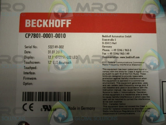 BECKHOFF CP7801-0001-0010 CONTROL PANEL WITH DVI/USB INTERFACE 12.1" * NEW NO BOX *