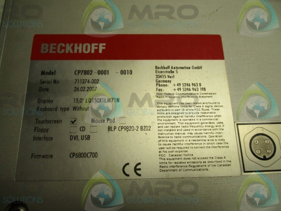 BECKHOFF CP7802-0001-0010 CONTROL PANEL WITH DVI/USB INTERFACE 15"* USED *