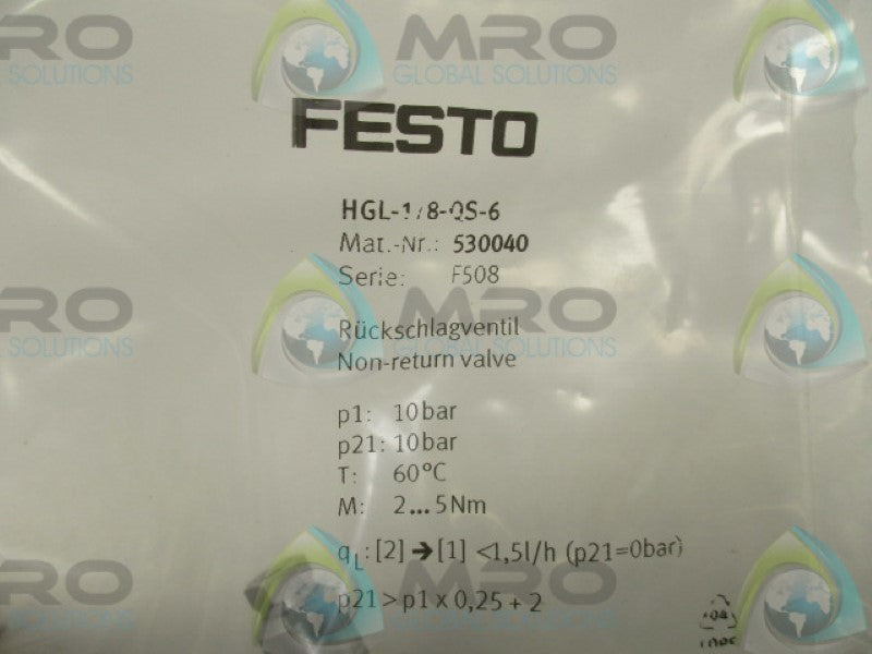 FESTO HGL-1/8-QS-6 530040 PILOTED CHECK VALVE * NEW IN FACTORY BAG *
