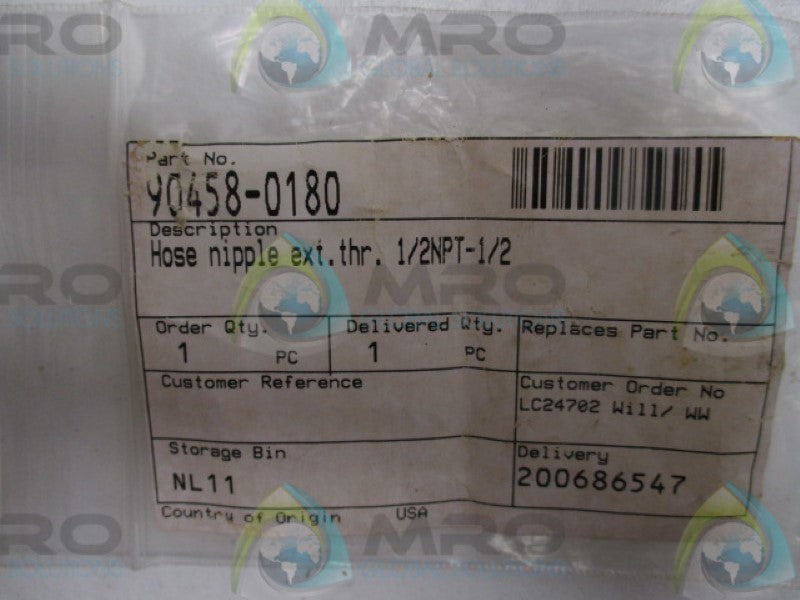 INDUSTRIAL MRO 90458-0180 HOSE NIPPLE 1/2" * NEW IN FACTORY BAG *
