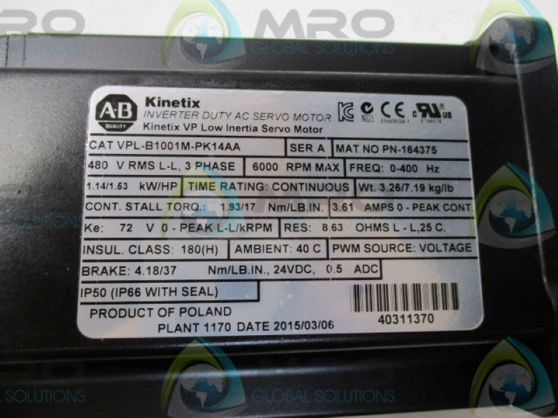 ALLEN BRADLEY VPL-B1001M-PK14AA SER. A AC SERVO MOTOR 6000RPM  NSMP