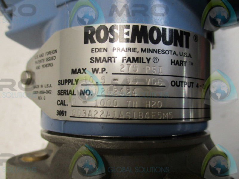 ROSEMOUNT 3051CD3A22A1AS1B4F5M5 TRANSMITTER 0-1000"H2O 275PSI  NSNP