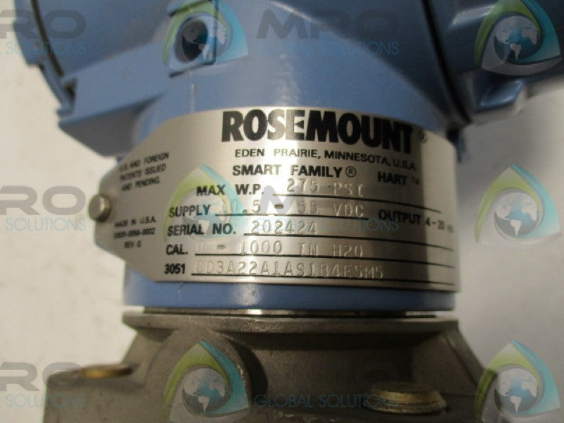 ROSEMOUNT 3051CD3A22A1AS1B4F5M5 TRANSMITTER 0-1000"H2O 275PSI  NSNP