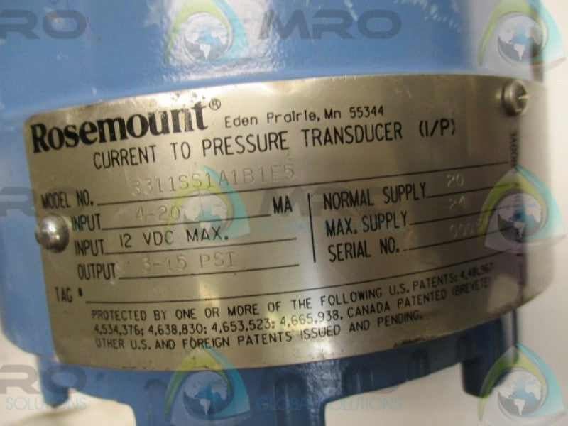 ROSEMOUNT 3311SS1A1B1E5 PRESSURE TRANSDUCER 3-15PSI 4-20MA  UNMP