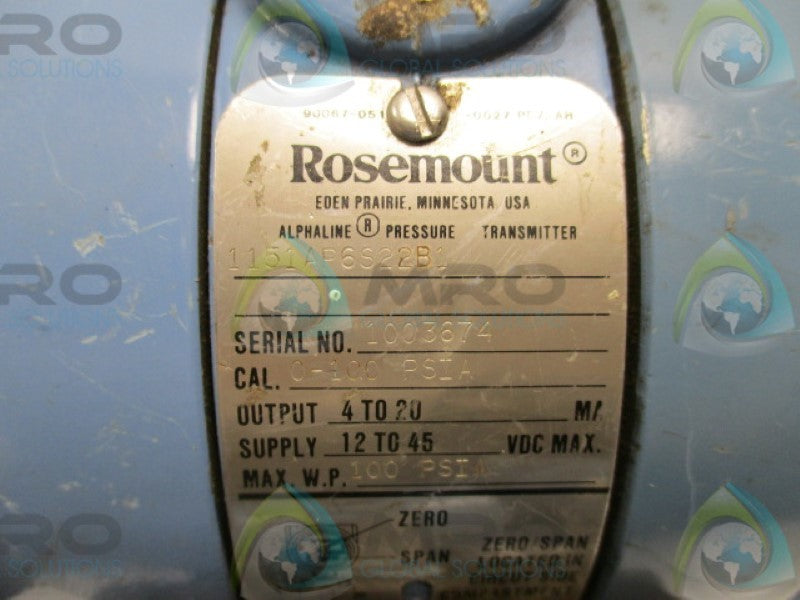ROSEMOUNT 1151AP6S22B1 PRESSURE TRANSMITTER 100PSI 4-20MA  UNMP