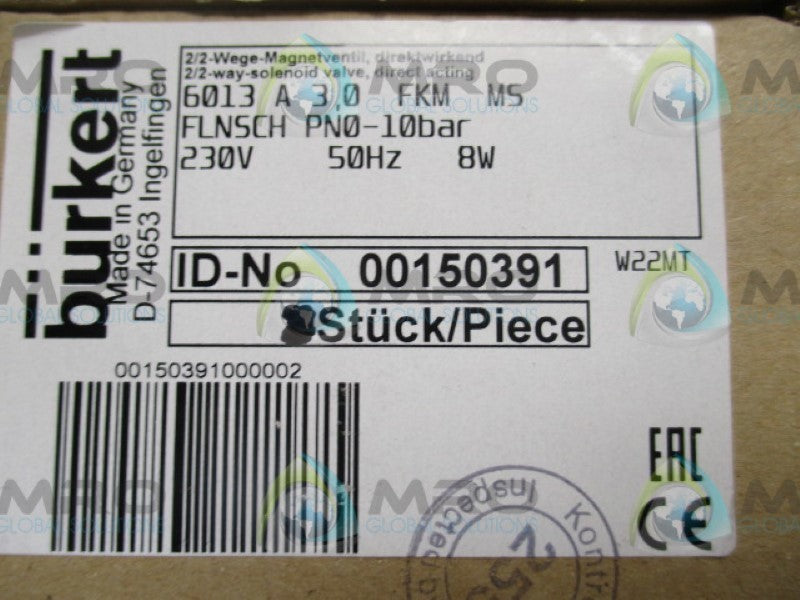 BURKERT 6013A3,0FKMMS 150391 SOLENOID VALVE 230V   NSMP