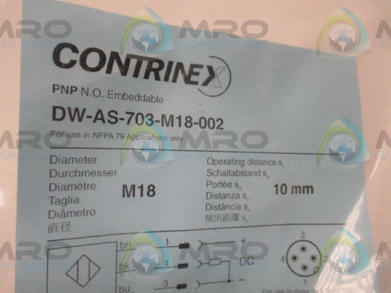 CONTRINEX DW-AS-703-M18-002 PROXIMTIY SENSOR 10MM * NEW IN FACTORY BAG *