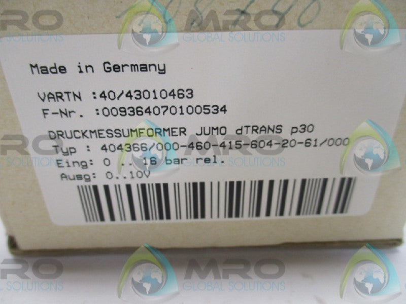 JUMO 40/43010463 PRESSURE TRANSDUCER 0-16BAR  NSMP