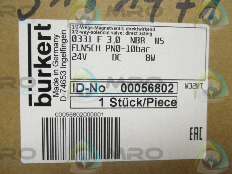 BURKERT 0331F3,0NBRMS 00056802 SOLENOID VALVE 24VDC  NSMP