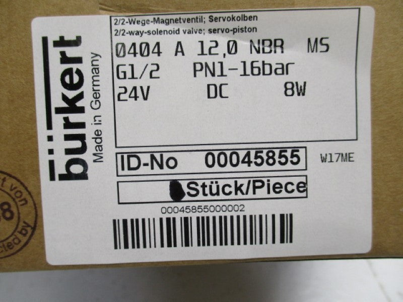 BURKERT 00045855 0404A12,0NBRMS SOLENOID VALVE 24VDC  NSMP